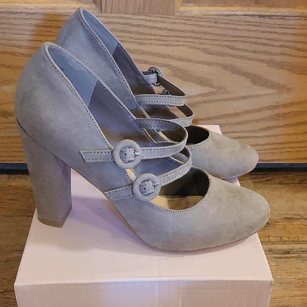 JustFab Taupe Block Heel Heels with Ankle Straps